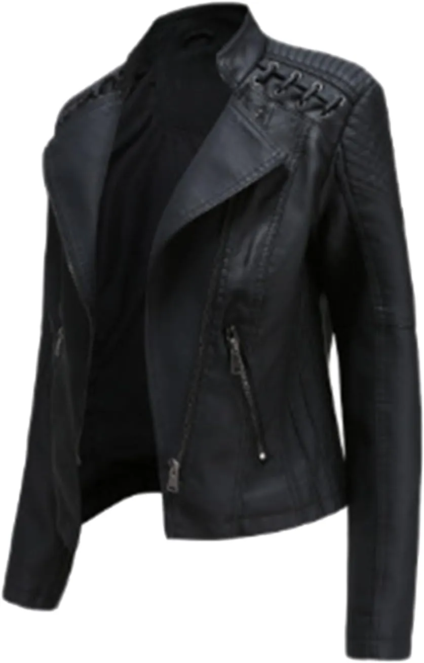 Womens Cropped Faux Leather Jackets Plus Size Slim Fit Moto Bike Coats Lapel Fashion Zipper Motorcycle Suit Jacket