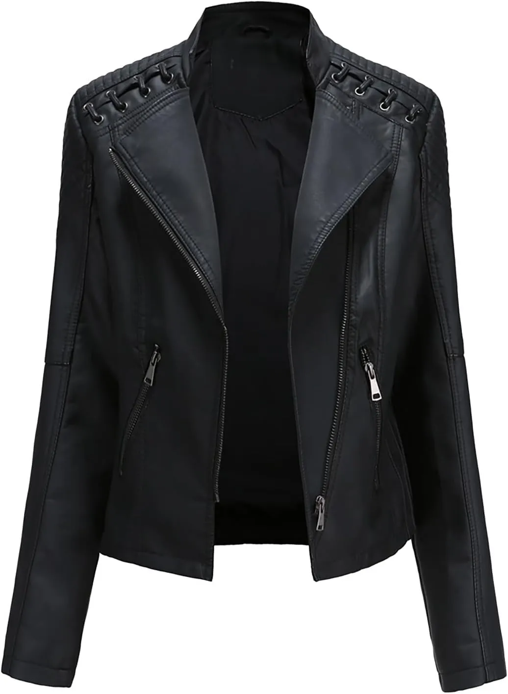 Womens Cropped Faux Leather Jackets Plus Size Slim Fit Moto Bike Coats Lapel Fashion Zipper Motorcycle Suit Jacket