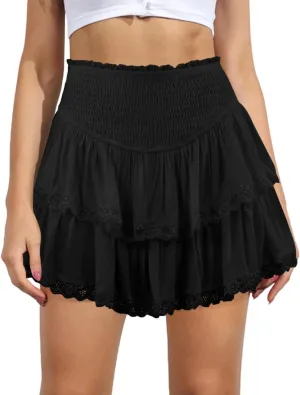 Women's Cute High Waist Ruffle Mini Skirt Layered Ruffle Hem Flared Flowy Casual Swing Beach Mini Short Skirt