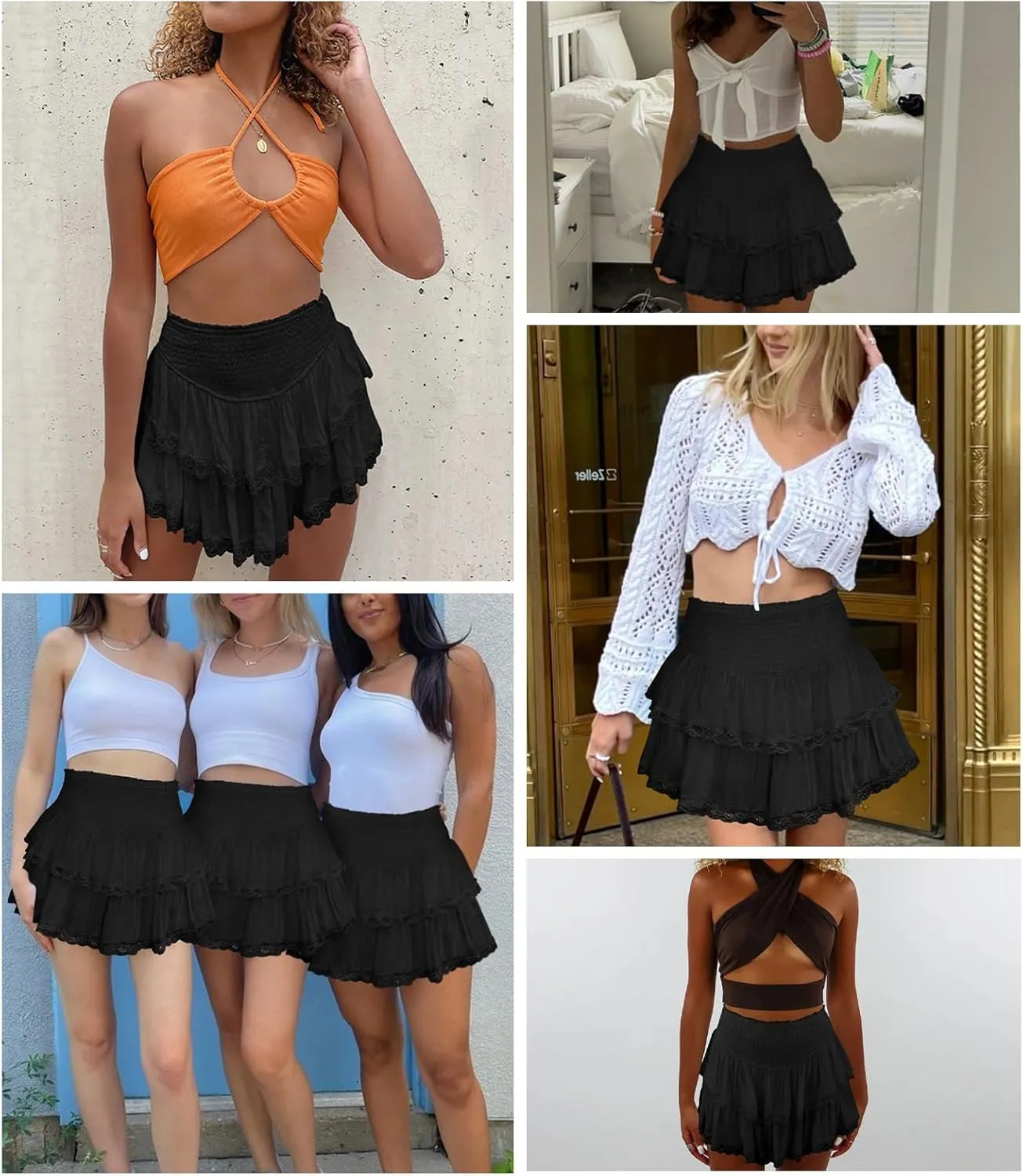 Women's Cute High Waist Ruffle Mini Skirt Layered Ruffle Hem Flared Flowy Casual Swing Beach Mini Short Skirt