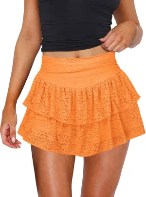Women's Cute Ruffle Mini Skirt Y2K Party Club Short Skirts for Women Sexy Lace Flared Flowy Casual Swing Beach Skirt