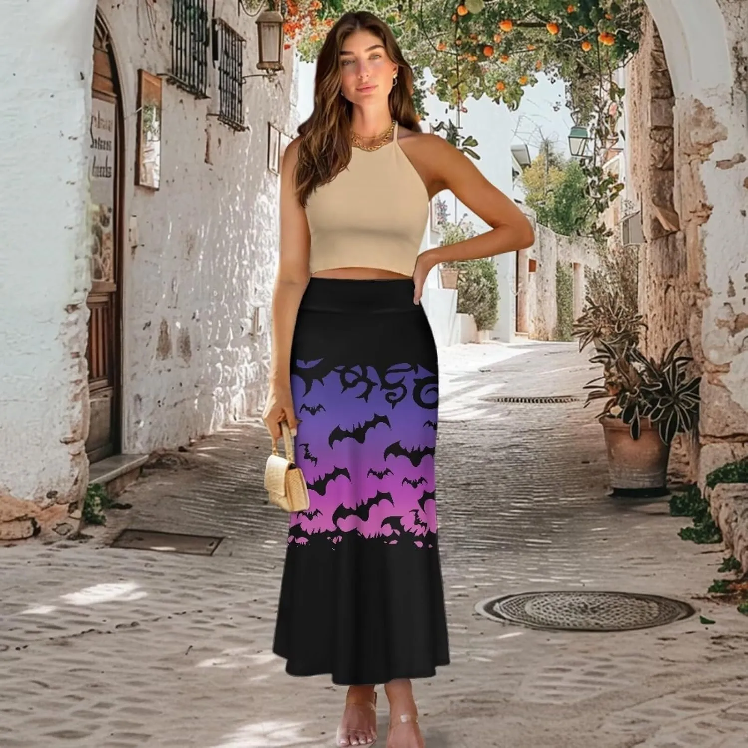 Women's Elastic High Waisted Maxi Skirt Trendy Fall Flared A-Line Midi Skirt Casual Formal Work Skirts