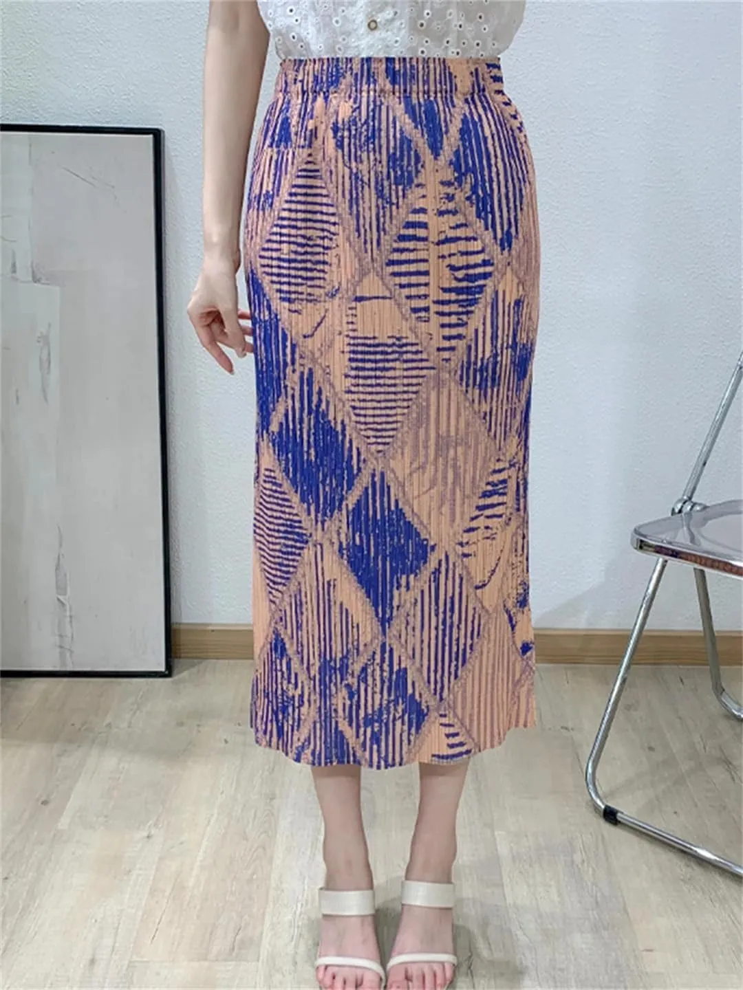 Women's Elastic Waist Pleated Skirt with Pockets Floral Print Mid-Calf Skrits