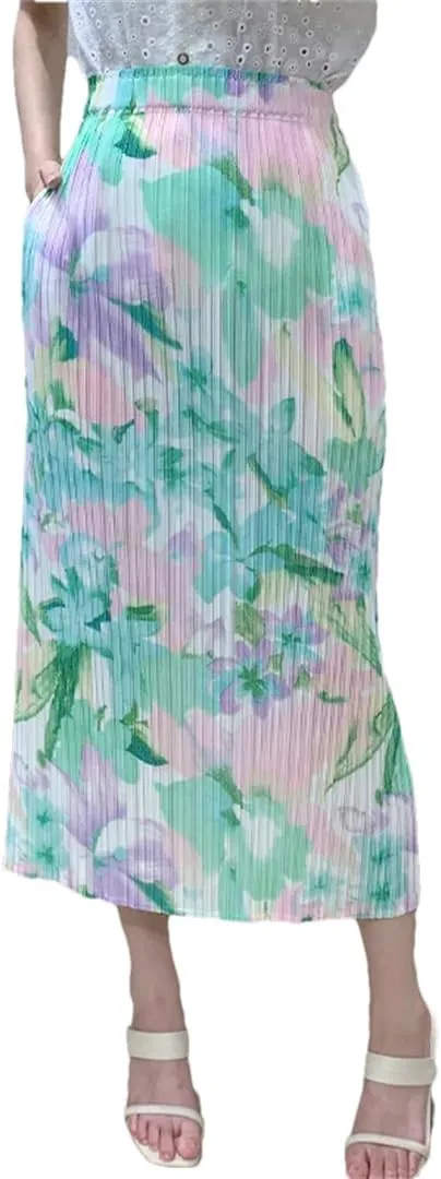 Women's Elastic Waist Pleated Skirt with Pockets Floral Print Mid-Calf Skrits