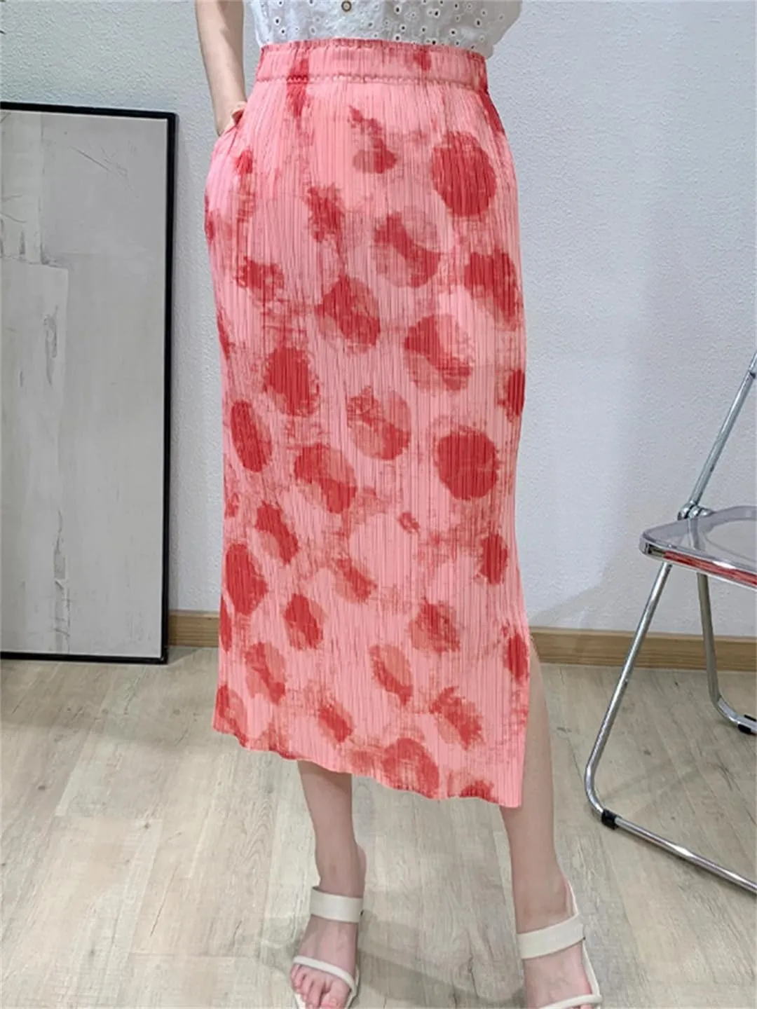 Women's Elastic Waist Pleated Skirt with Pockets Floral Print Mid-Calf Skrits