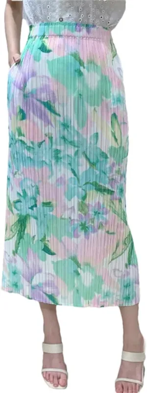 Women's Elastic Waist Pleated Skirt with Pockets Floral Print Mid-Calf Skrits
