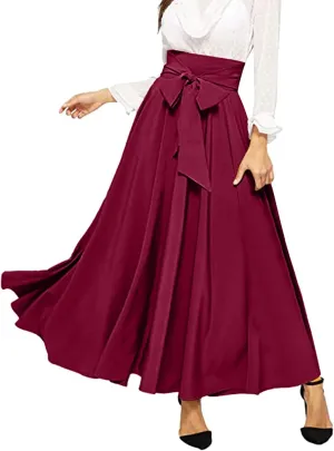 Women's Elegant High Waist Long Skirt Solid Color Lace Up Maxi Skirts Summer Casual Loose Pleated Skirt