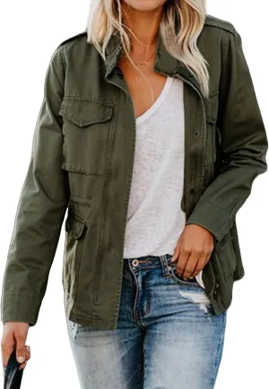 Womens Fall Jackets Military Anorak Jackets Lightweight Cargo Jacket Snap Buttons Parka Safari Utility Coats Pockets