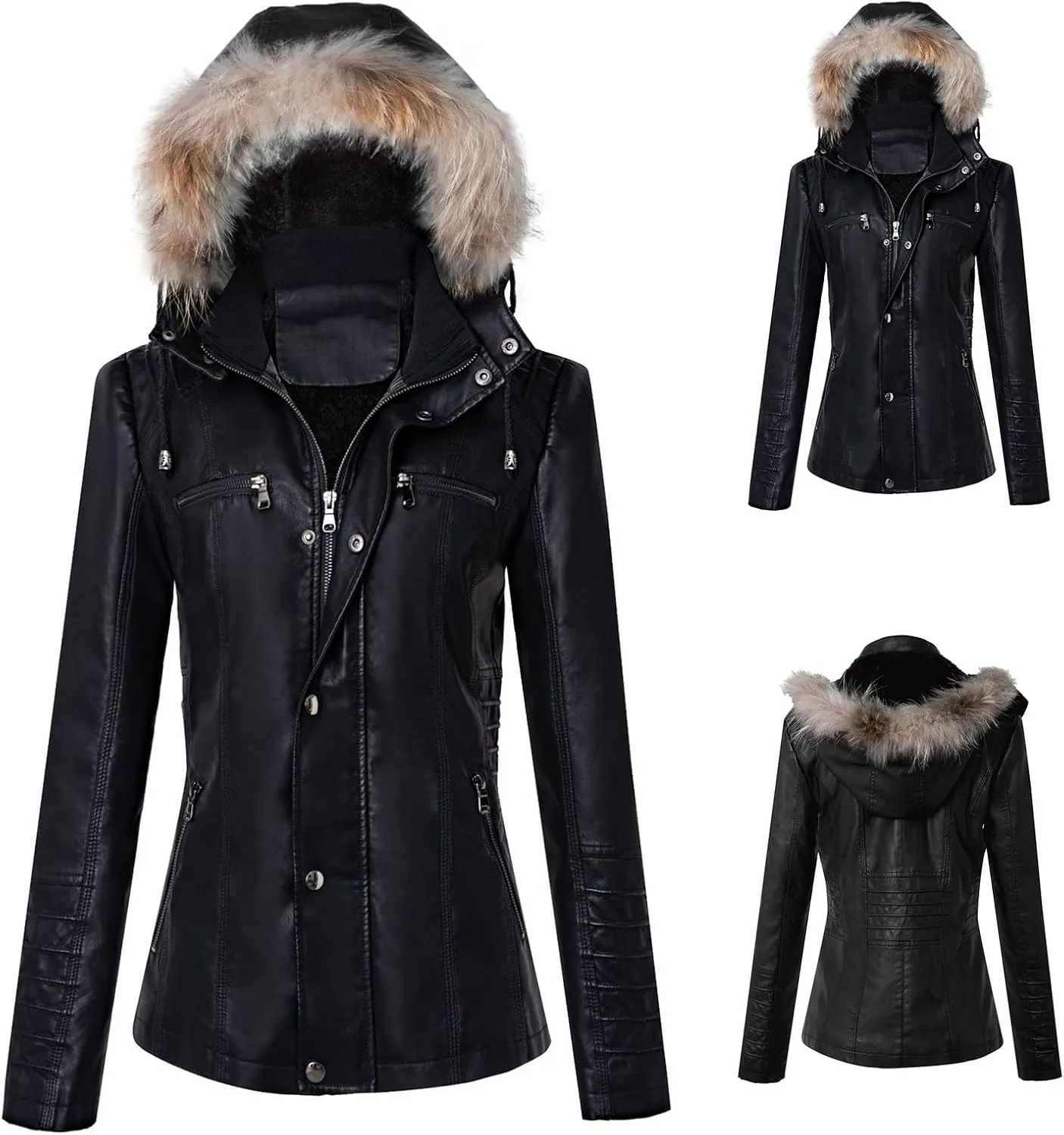 Womens Fashion Leather Jacket Casual Long Sleeve Full Zip Buttons Warm Coat with Furry Hood 2024 Fall