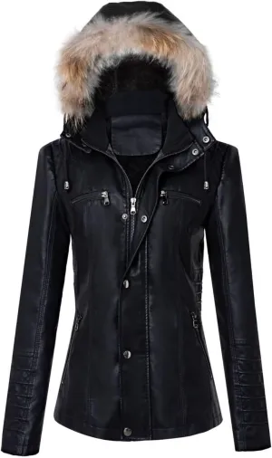 Womens Fashion Leather Jacket Casual Long Sleeve Full Zip Buttons Warm Coat with Furry Hood 2024 Fall