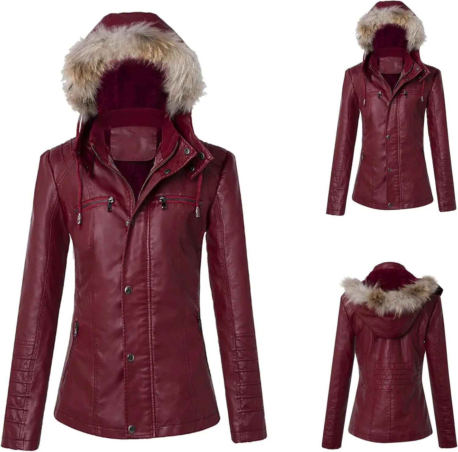 Womens Fashion Leather Jacket Casual Long Sleeve Full Zip Buttons Warm Coat with Furry Hood 2024 Fall