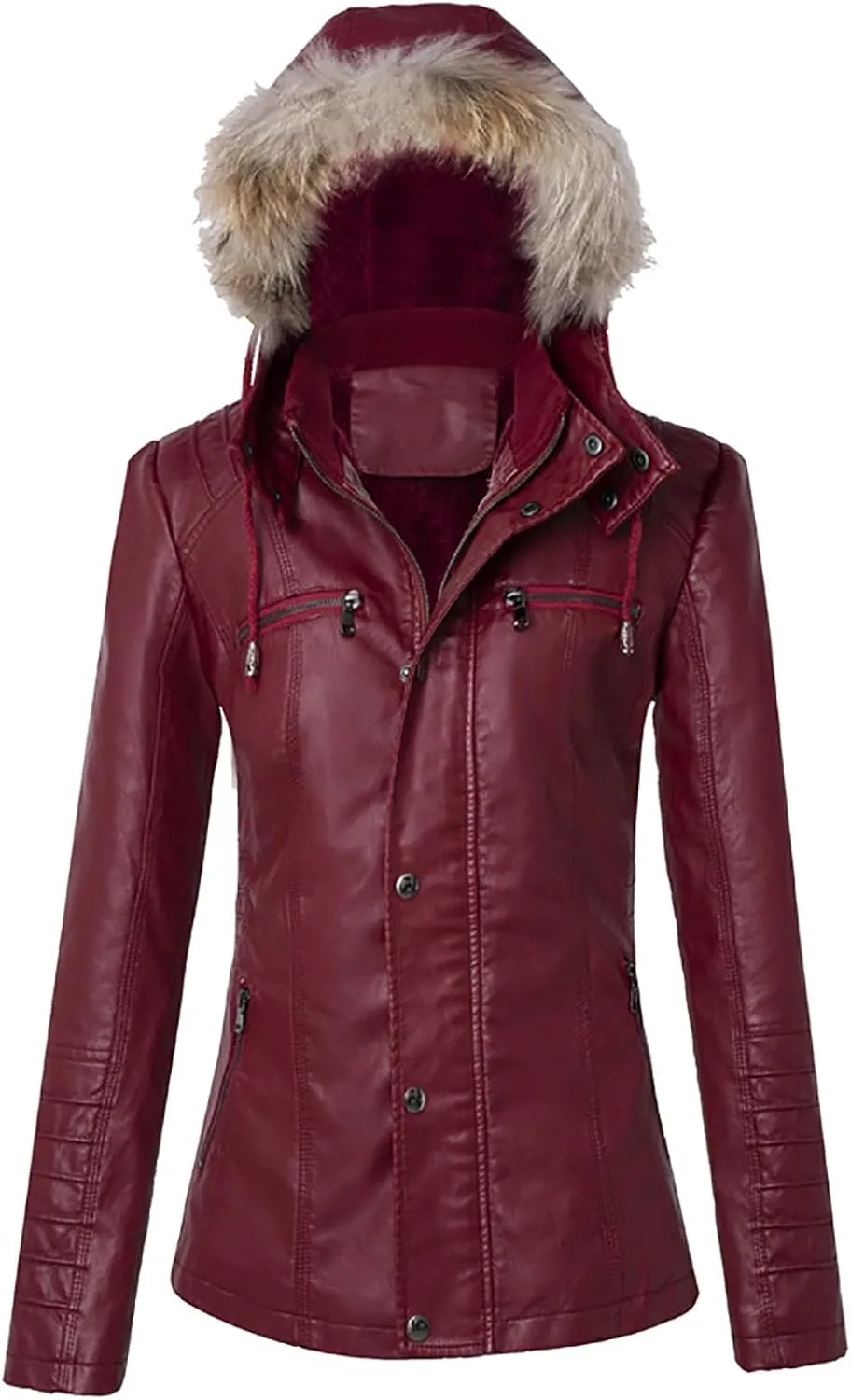 Womens Fashion Leather Jacket Casual Long Sleeve Full Zip Buttons Warm Coat with Furry Hood 2024 Fall