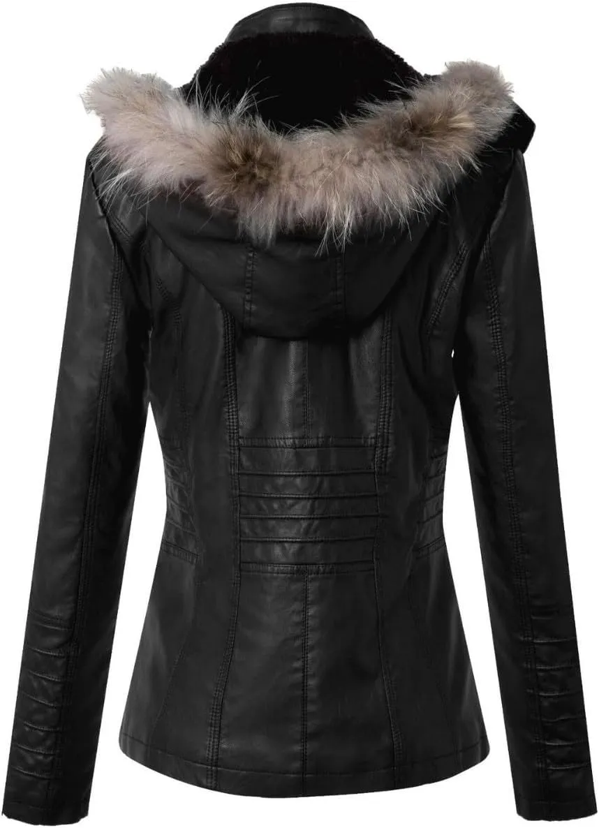 Womens Fashion Leather Jacket Casual Long Sleeve Full Zip Buttons Warm Coat with Furry Hood 2024 Fall