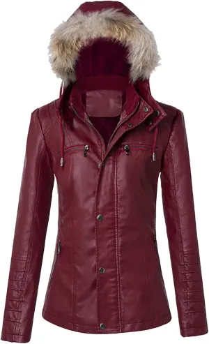 Womens Fashion Leather Jacket Casual Long Sleeve Full Zip Buttons Warm Coat with Furry Hood 2024 Fall