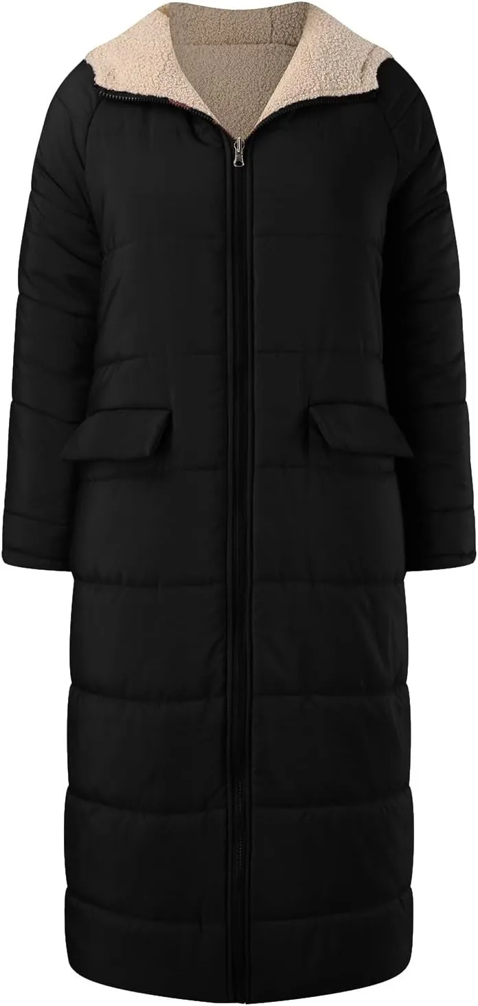 Womens Fashion Solid Long Fleece Coats with Pockets Zipper Warm Slim Outwear Reversible Hooded Winter Outdoor Overcoat