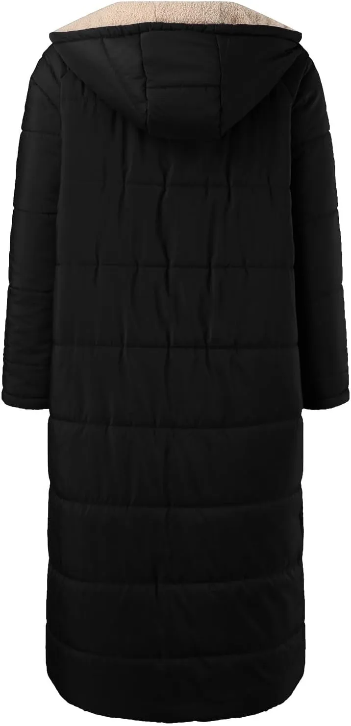 Womens Fashion Solid Long Fleece Coats with Pockets Zipper Warm Slim Outwear Reversible Hooded Winter Outdoor Overcoat