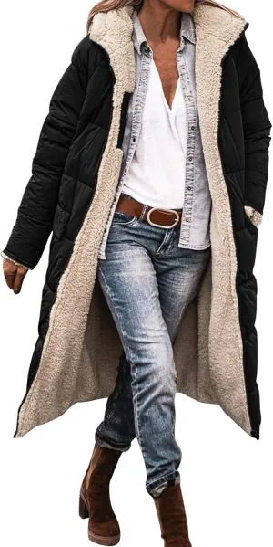 Womens Fashion Solid Long Fleece Coats with Pockets Zipper Warm Slim Outwear Reversible Hooded Winter Outdoor Overcoat