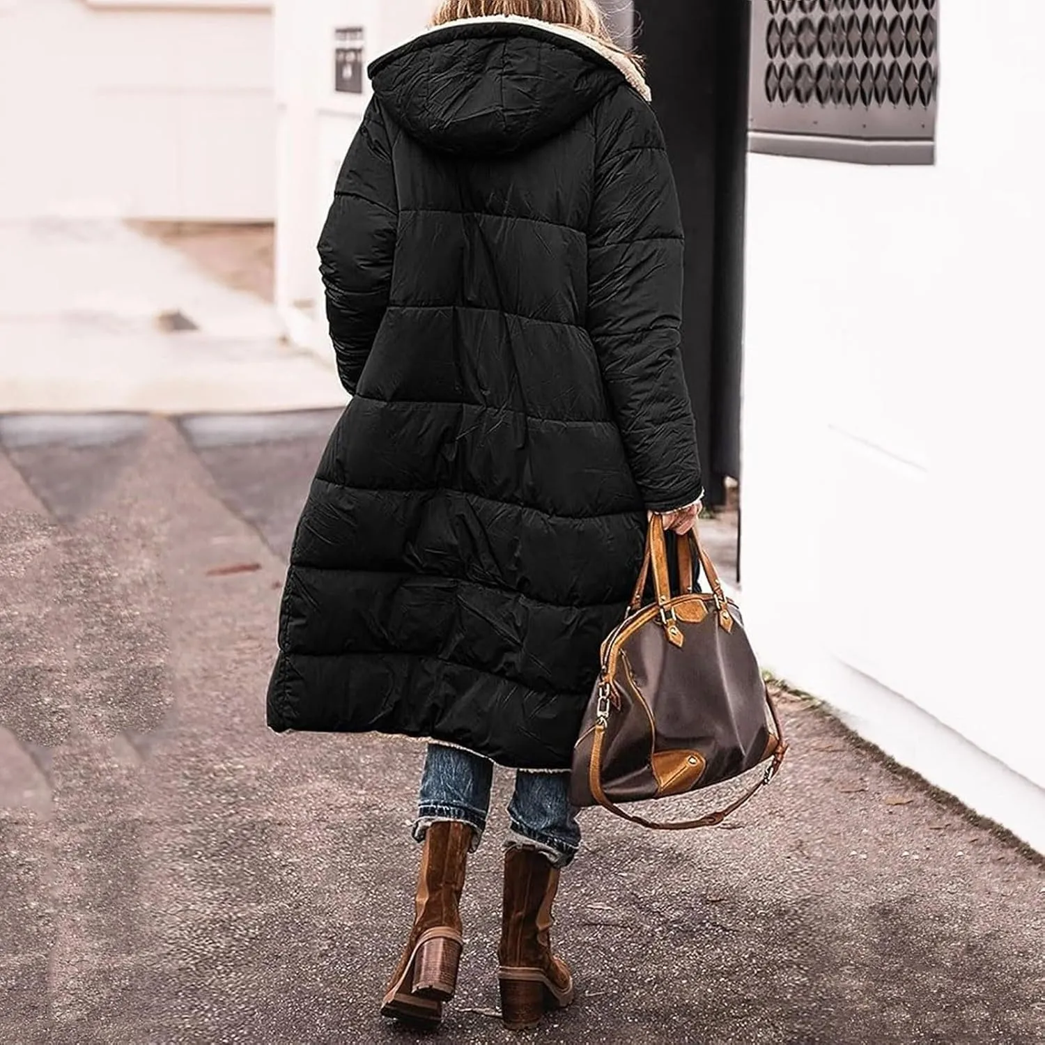 Womens Fashion Solid Long Fleece Coats with Pockets Zipper Warm Slim Outwear Reversible Hooded Winter Outdoor Overcoat