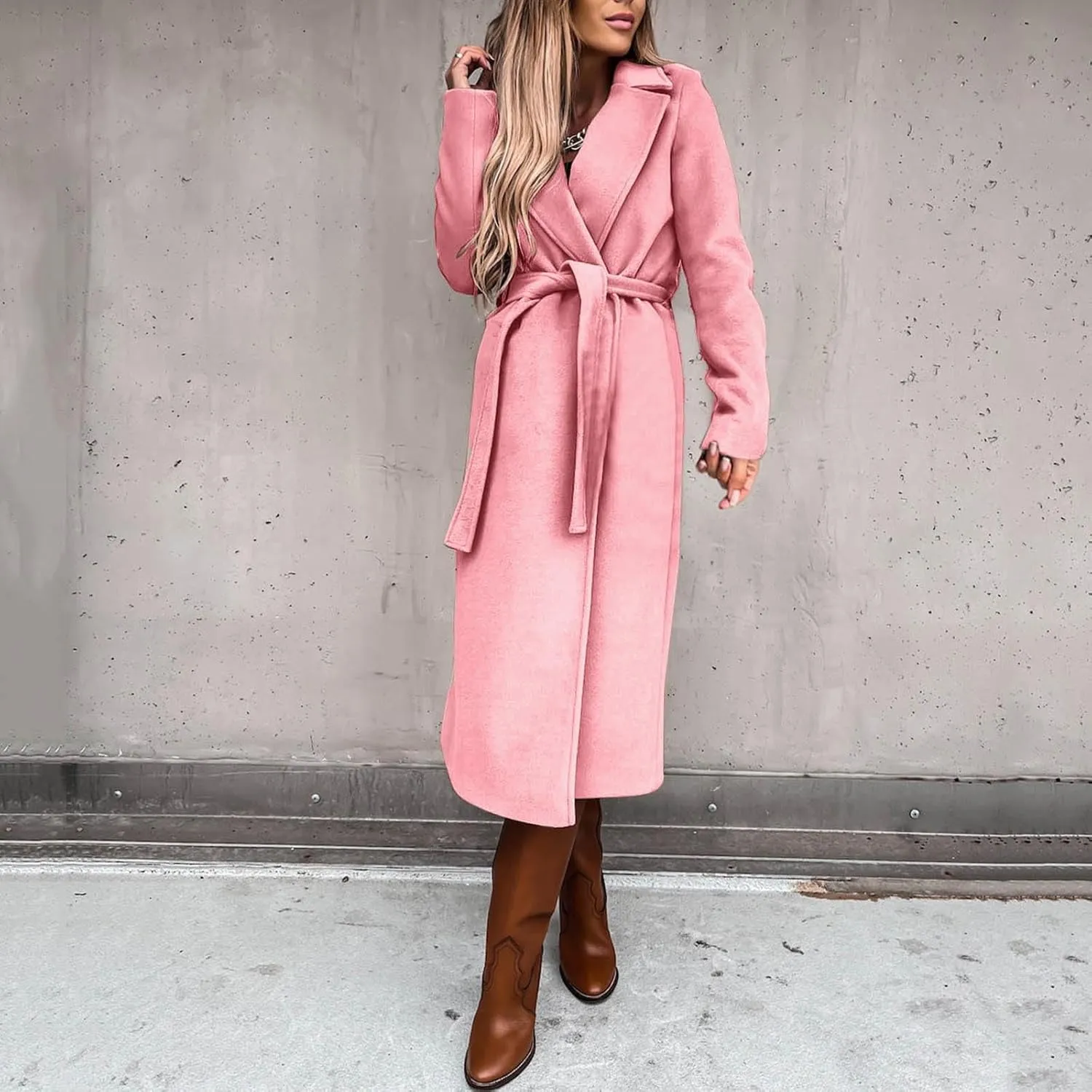 Women's Faux Wool Coat Blouse Thin Coat Trench Long Jacket Ladies Slim Long Belt Elegant Overcoat Ladies Fashion