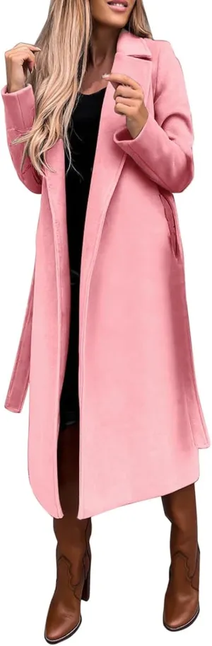 Women's Faux Wool Coat Blouse Thin Coat Trench Long Jacket Ladies Slim Long Belt Elegant Overcoat Ladies Fashion