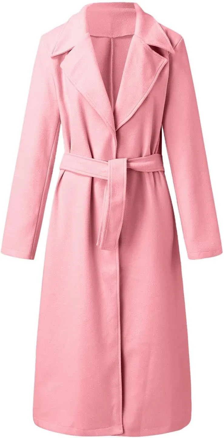 Women's Faux Wool Coat Blouse Thin Coat Trench Long Jacket Ladies Slim Long Belt Elegant Overcoat Ladies Fashion
