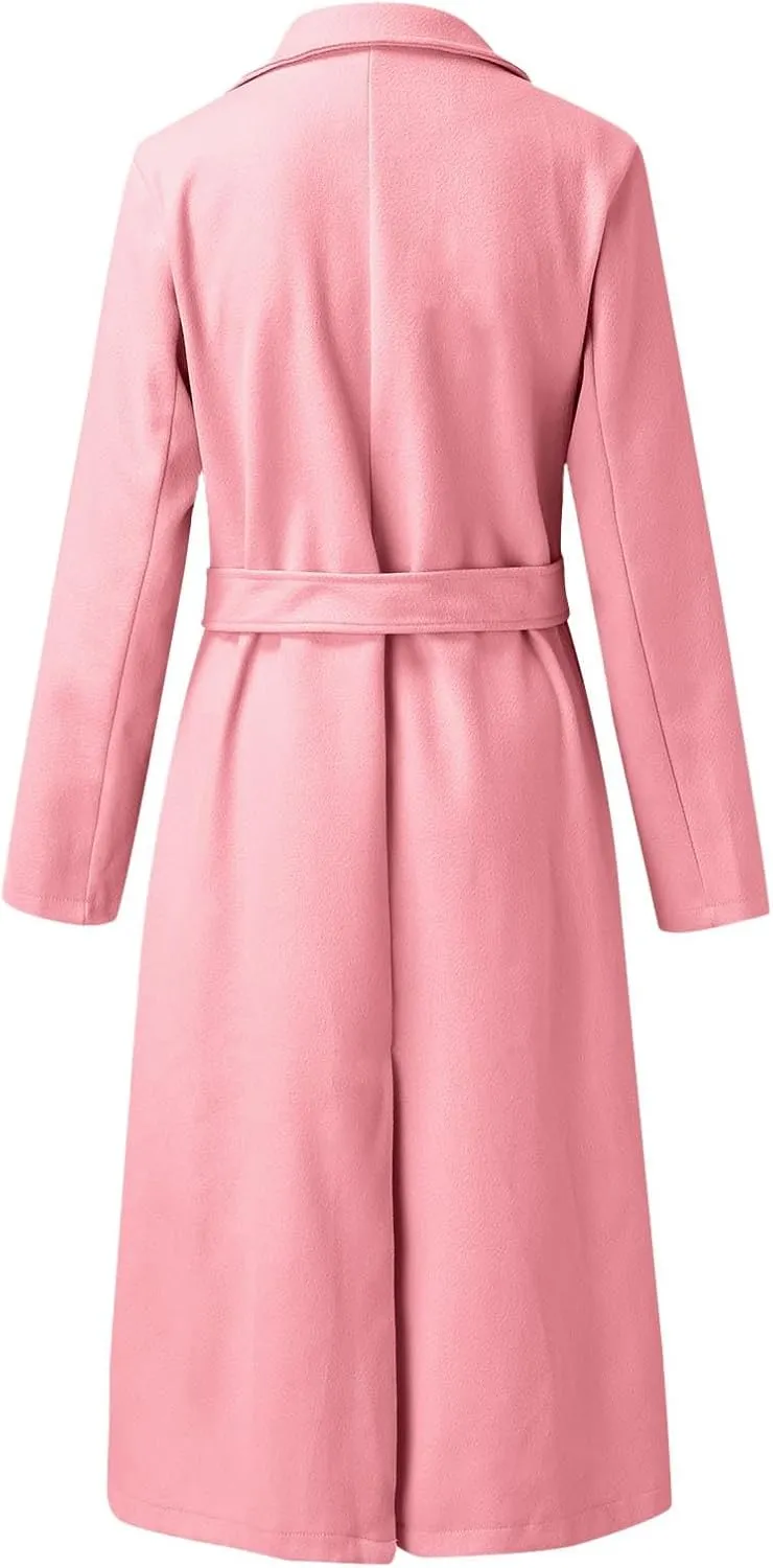 Women's Faux Wool Coat Blouse Thin Coat Trench Long Jacket Ladies Slim Long Belt Elegant Overcoat Ladies Fashion