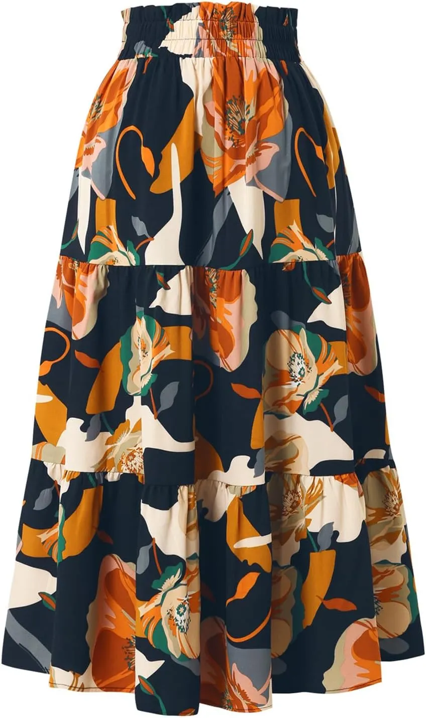 Women's Floral Midi Skirt Elastic Pleated Skirt High Waist Ruffle Skirt