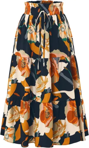 Women's Floral Midi Skirt Elastic Pleated Skirt High Waist Ruffle Skirt