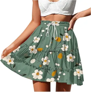 Womens Flowy High Waist Pleated Mini Skirts Casual Boho Floral Ruffle Tiered Skorts Cute Summer Fashion Shorts