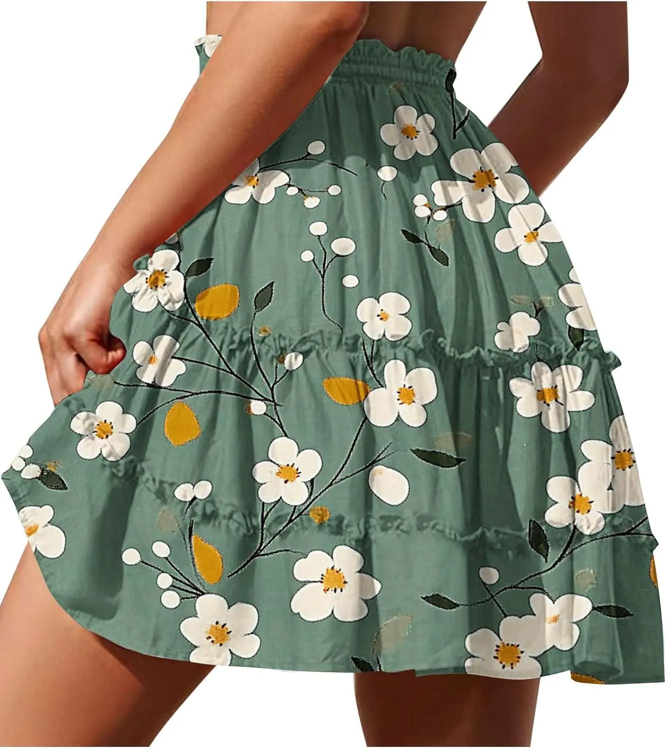 Womens Flowy High Waist Pleated Mini Skirts Casual Boho Floral Ruffle Tiered Skorts Cute Summer Fashion Shorts