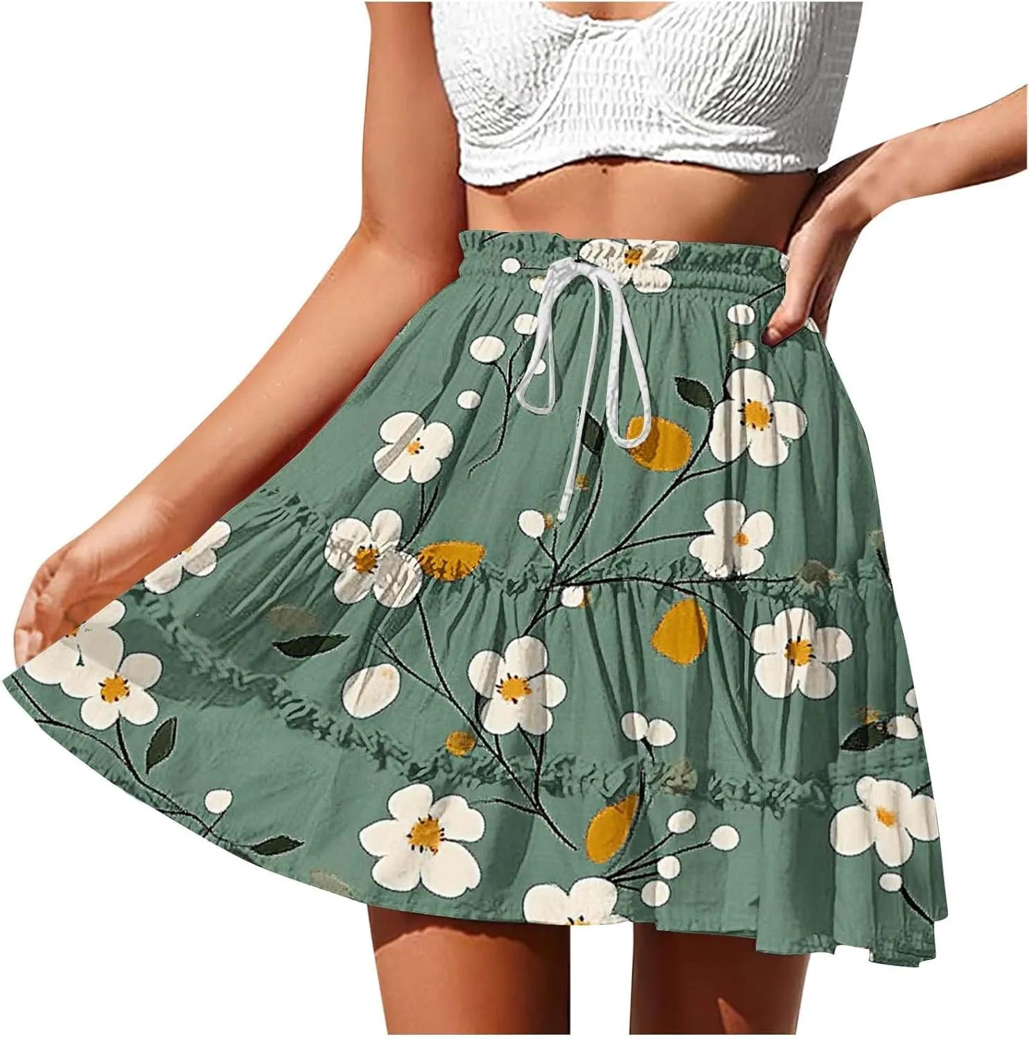 Womens Flowy High Waist Pleated Mini Skirts Casual Boho Floral Ruffle Tiered Skorts Cute Summer Fashion Shorts