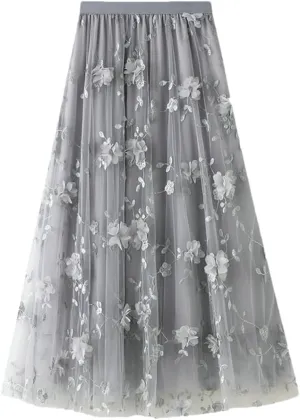 Women's Four Seasons Floral Embroidery Polyester Skirt Harajuku High Waist A-Line Midi Skirt