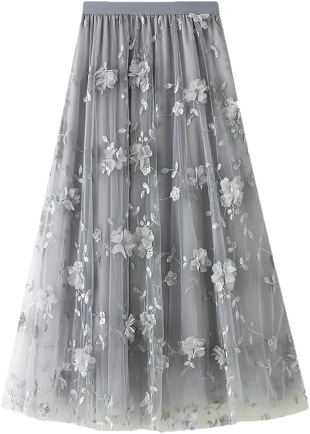 Women's Four Seasons Floral Embroidery Polyester Skirt Harajuku High Waist A-Line Midi Skirt