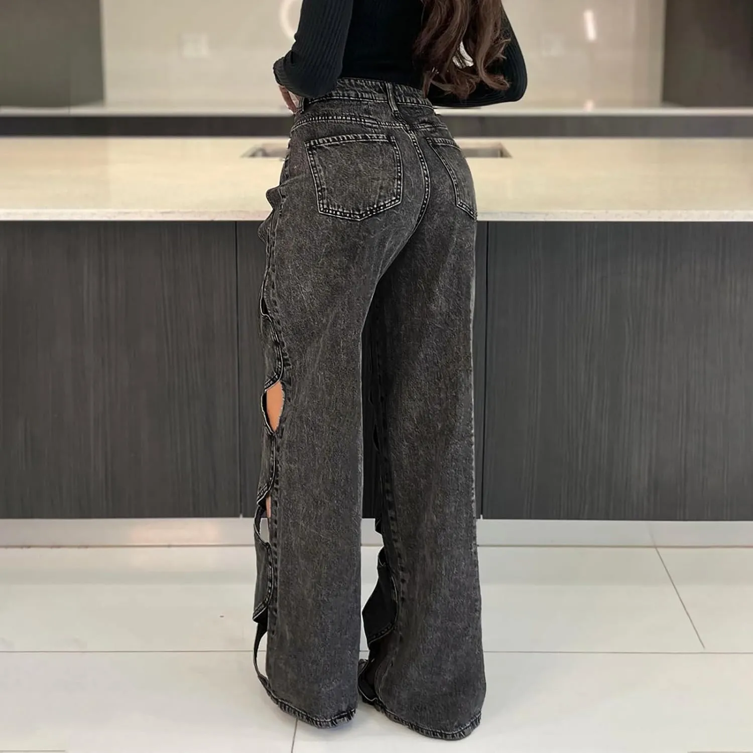 Womens High Waisted Jeans Y2K Trendy Hollow Out Criss Cross Wide Straight Leg Baggy Denim Pants Trendy Streetwear