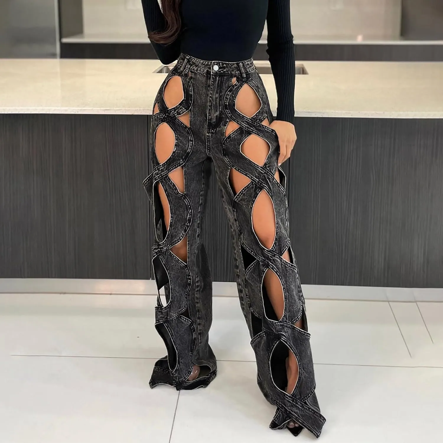 Womens High Waisted Jeans Y2K Trendy Hollow Out Criss Cross Wide Straight Leg Baggy Denim Pants Trendy Streetwear