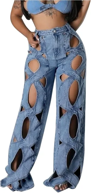Womens High Waisted Jeans Y2K Trendy Hollow Out Criss Cross Wide Straight Leg Baggy Denim Pants Trendy Streetwear
