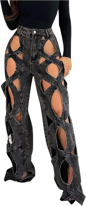 Womens High Waisted Jeans Y2K Trendy Hollow Out Criss Cross Wide Straight Leg Baggy Denim Pants Trendy Streetwear