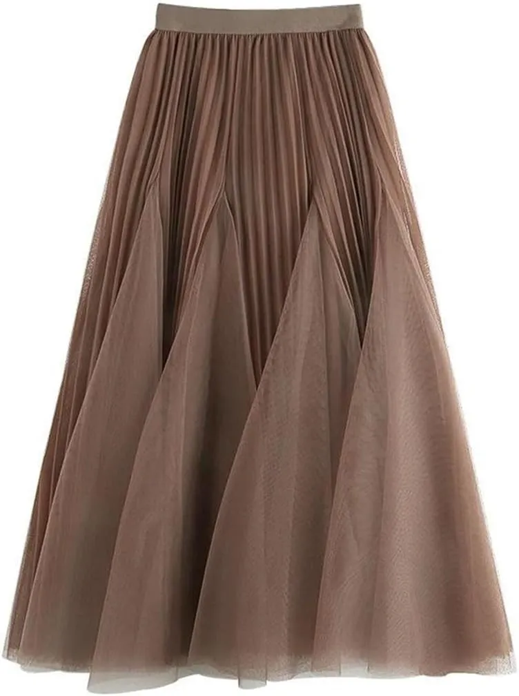 Women's Irregular Stitched Polyester Swing Pleated Skirt High Waist Midi Skirt