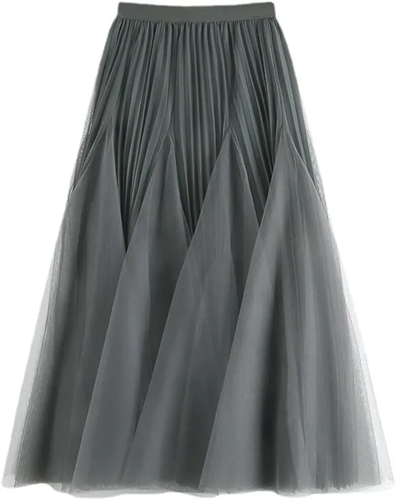 Women's Irregular Stitched Polyester Swing Pleated Skirt High Waist Midi Skirt
