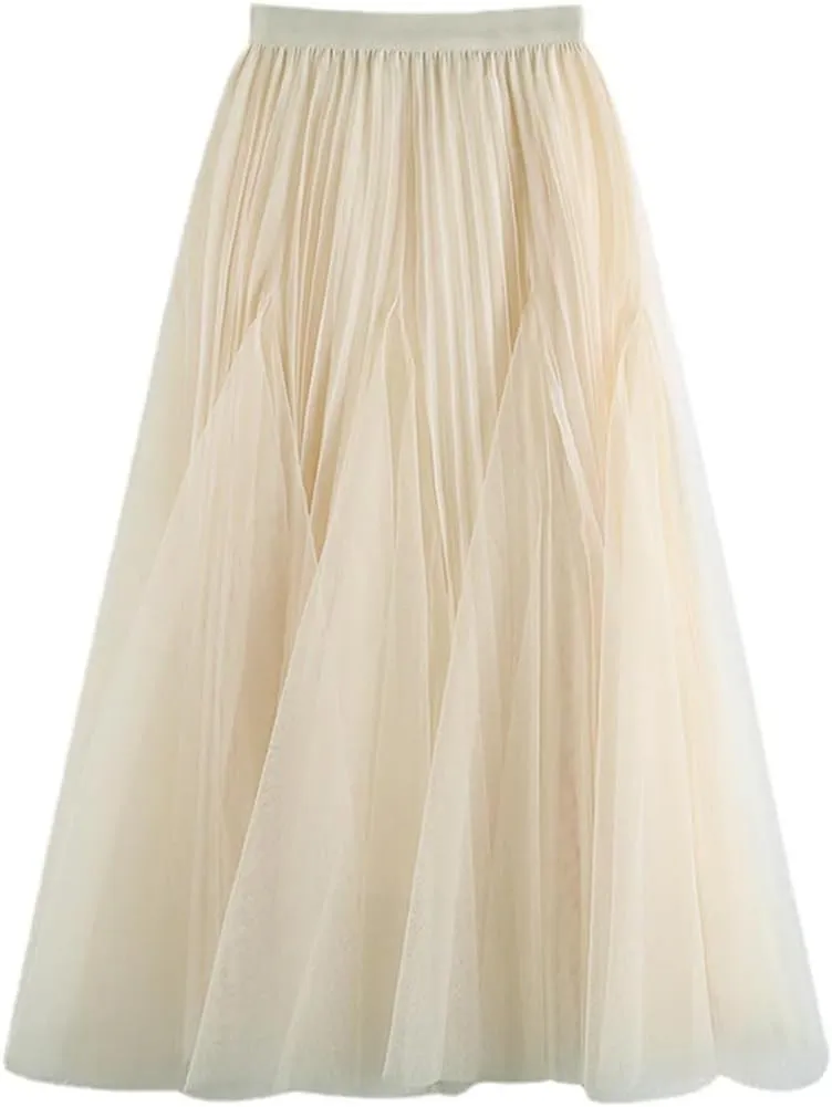 Women's Irregular Stitched Polyester Swing Pleated Skirt High Waist Midi Skirt