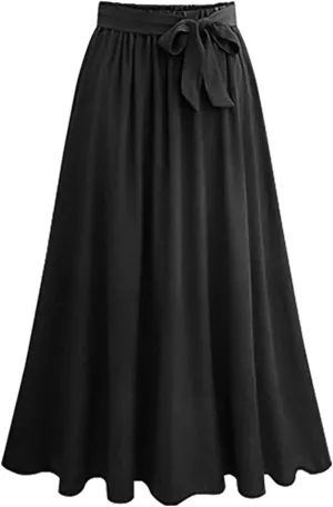 Women's Large Hem Swing Chiffon Long Skirt Elastic High Waist Lace Up Maxi Skirt Solid Color Pleated Skirts