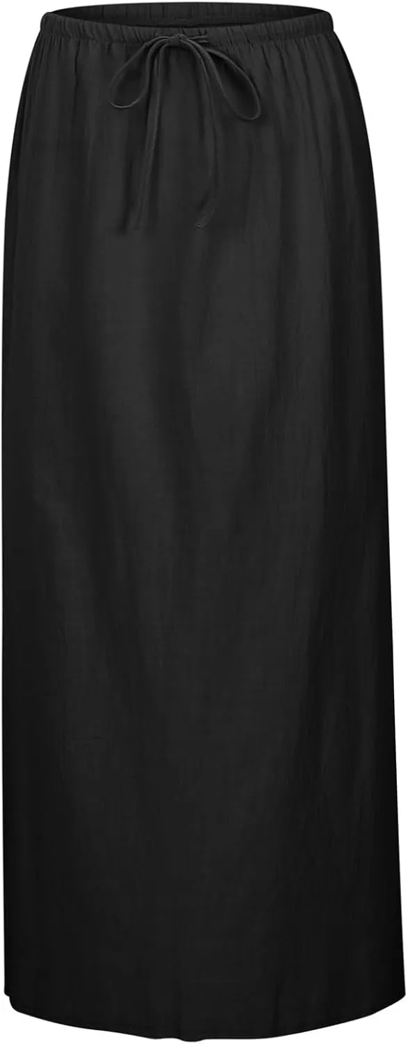 Womens Linen Maxi Skirts Drawstring Elastic High Waist A Line Casual Skirts Cute Vacation Boho Long Flowy Summer Skorts