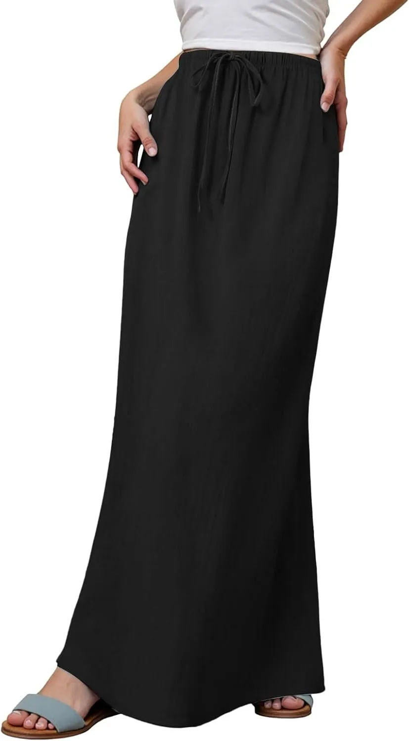 Womens Linen Maxi Skirts Drawstring Elastic High Waist A Line Casual Skirts Cute Vacation Boho Long Flowy Summer Skorts