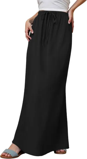 Womens Linen Maxi Skirts Drawstring Elastic High Waist A Line Casual Skirts Cute Vacation Boho Long Flowy Summer Skorts