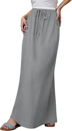 Womens Linen Maxi Skirts Drawstring Elastic High Waist A Line Casual Skirts Cute Vacation Boho Long Flowy Summer Skorts