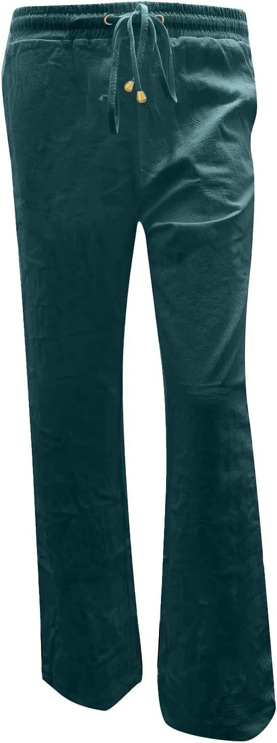 Womens Linen Pants Casual Straight Fit Elastic Waisted Drawsting Trousers Summer Loose Comfy Pants with Pockets