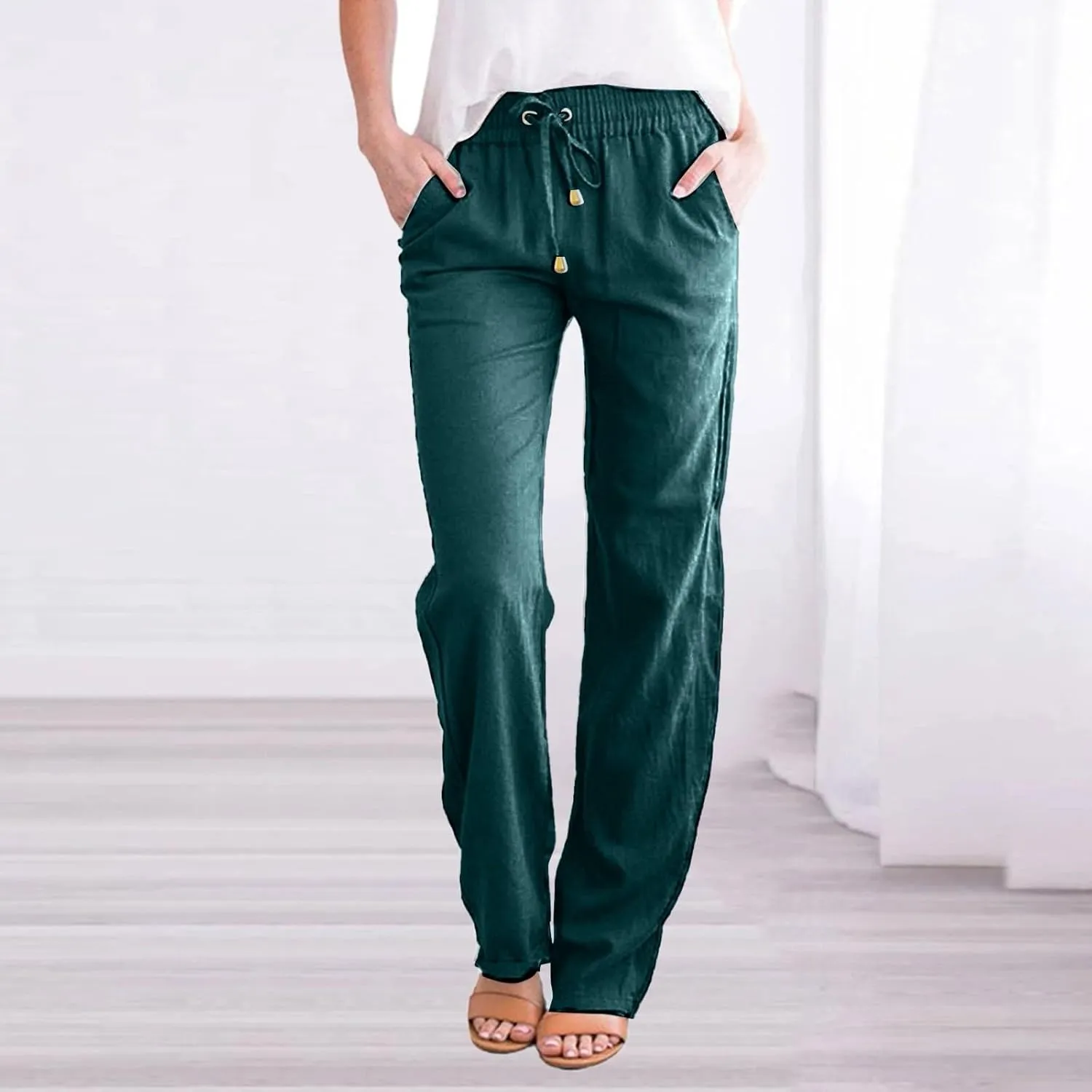 Womens Linen Pants Casual Straight Fit Elastic Waisted Drawsting Trousers Summer Loose Comfy Pants with Pockets