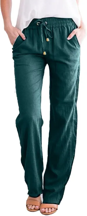 Womens Linen Pants Casual Straight Fit Elastic Waisted Drawsting Trousers Summer Loose Comfy Pants with Pockets