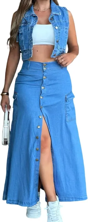 Womens Long Denim Skirt High Waisted Button Down Loose A-Line Denim Skirt Jean Maxi Skirts with Pocket