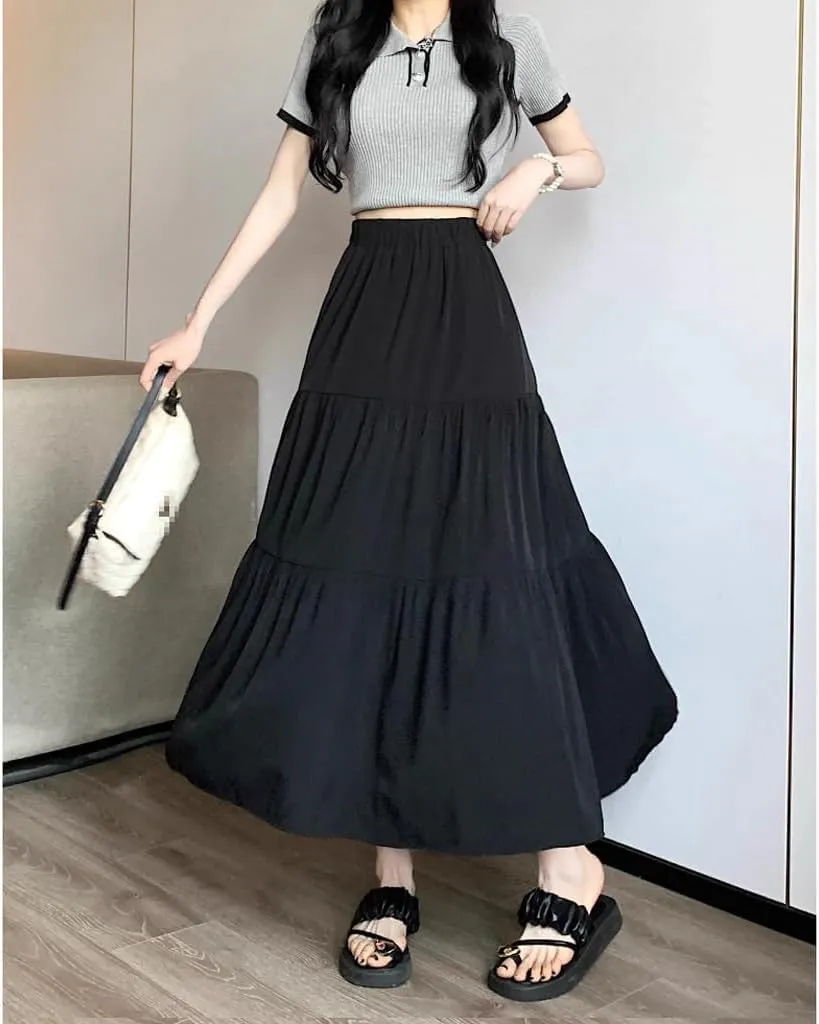Womens Long Skirts Pleated A Line Tiered Midi Dress Elastic High Waisted Skirt Swing Flared Long Skirt Casual Mid Skirt